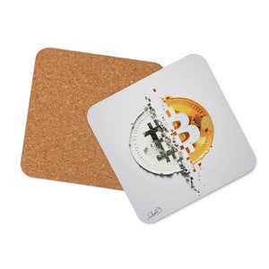 May include: A white and gold bitcoin coin with a pixelated design. The coin is partially broken apart, revealing a white interior. The coin is on a white background.