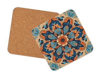 Royal Tile Cork-Back Coaster - Floral Pattern in Blue & Orange - Unique Art Piece for Home Décor Single Coaster
