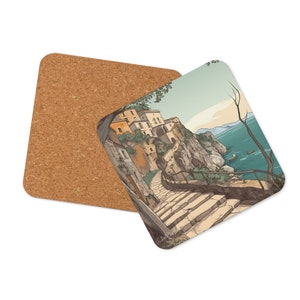 Steps of Amalfi Cork-Back Coaster - Italian Coastal Town Art - Unique Mediterranean Home Decor Single Coaster
