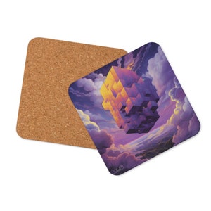 May include: Square coaster with a cork backing and a printed design. The design features a geometric cube floating in a cloudy sky with shades of purple, orange, and yellow. The coaster is a decorative item.
