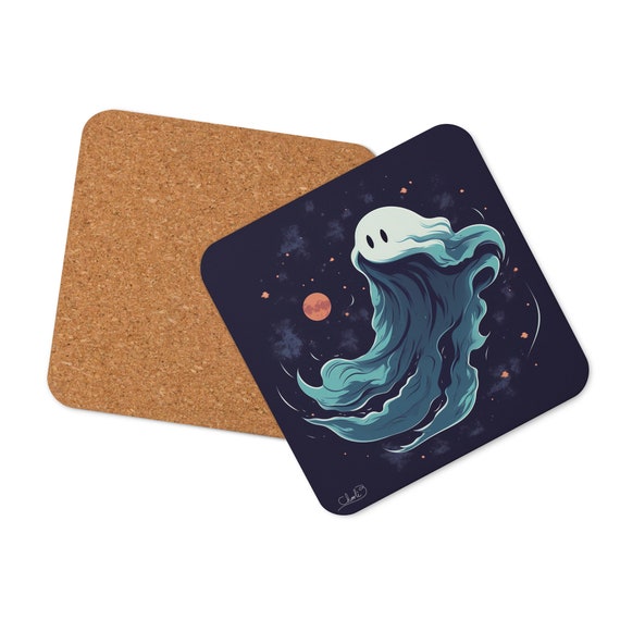 Spooky Cute Coaster – Adorable Ghost Design – Full Moon Art – Halloween Home Decor – Whimsical Starry Night Artwork Single Coaster