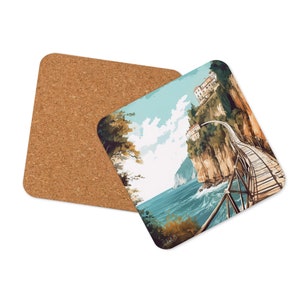 Amalfi Stroll Cork-Back Coaster - Cliffside Amalfi Coast Art - Unique Italian Seaside Home Decor Single Coaster