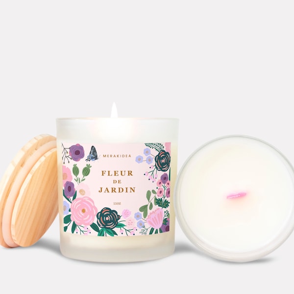 Fleur de Jardin - 11oz Candle Frosted Glass - Gift - Flower of the Garden in a Jar Frosted Glass Candle