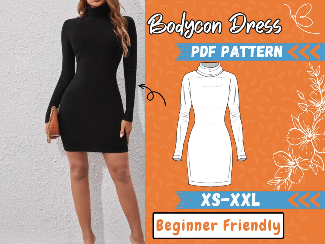 Winter Dress Pattern, Bodycon Dress Pdf XSXXL Turtleneck Pattern, Mini