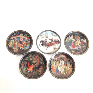 Rare Russian Vintage 1990&#39;s Tianex Traditional Magical  Fairy tale Collectors plates beautifully decorated with gold and exquisite detail