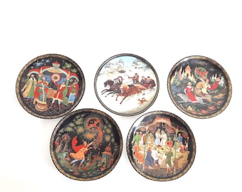 Vintage Russian Fairy Tale Collector Plates, Gold Detail, Set of 5