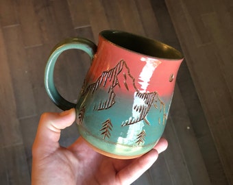 Pink Mountain Mug | Hand Carved Mountain Design | Wheel Thrown Pottery | Homemade Ceramics | Handmade