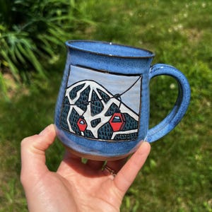 Hand-Painted Ski Mountain Ceramic Mug | Wheel Thrown Pottery, NH Studio