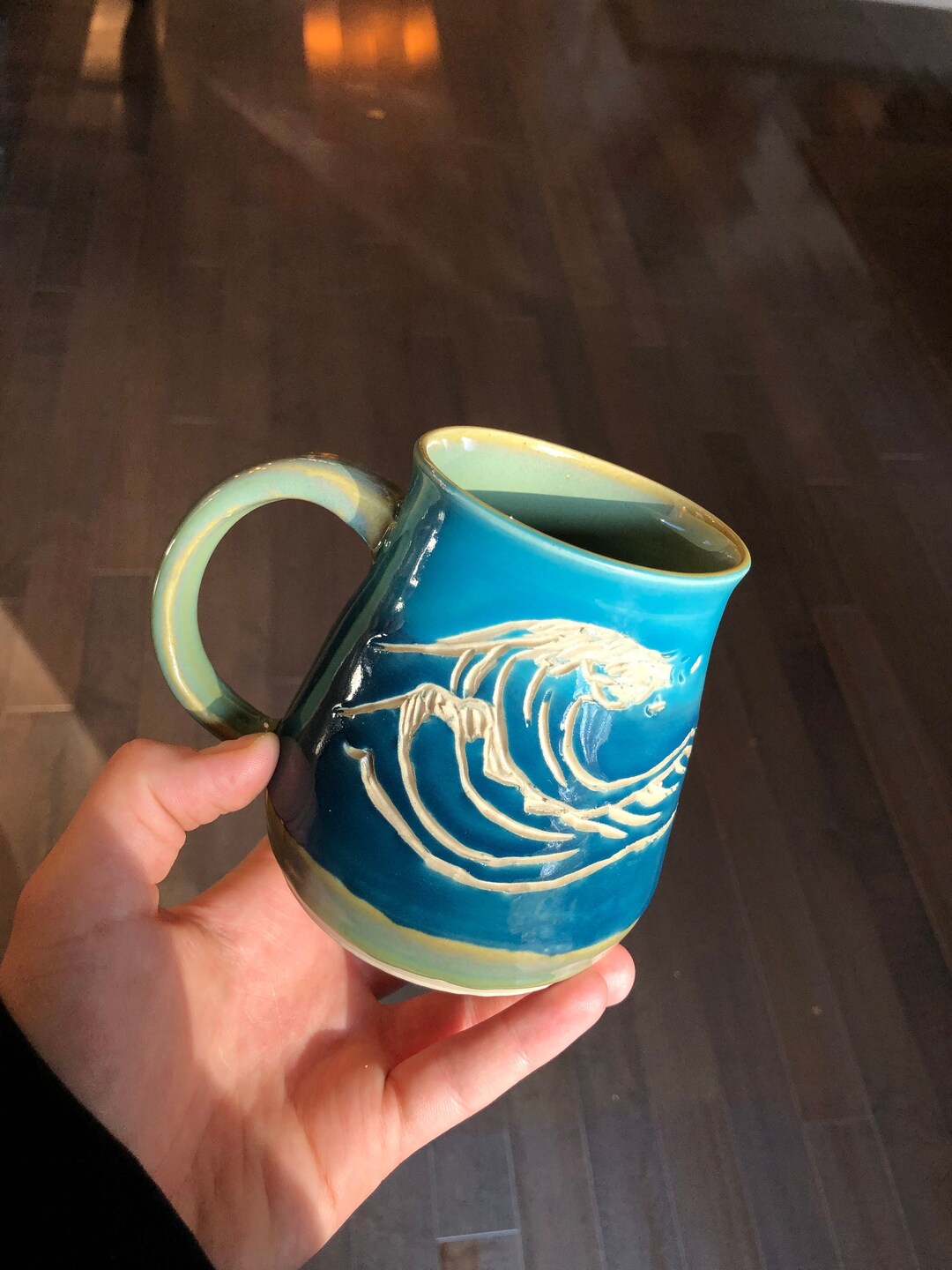 Bright Blue Ocean Wave Mug Sgraffito Hand Carved Etsy