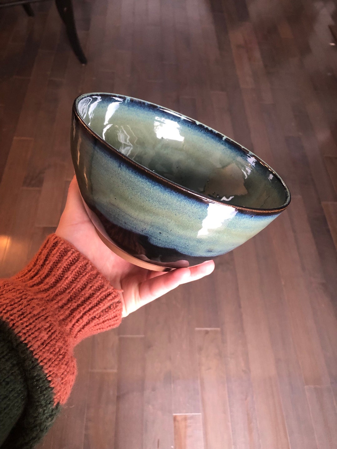 Wide Bowl Homemade Ceramics Wheel Thrown Pottery Bright Green and Blue ...