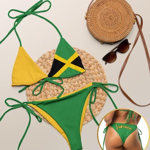 Jamaica String Bikini, Caribbean Flag String Bikini for Women, Jamaican Pride Beachwear, Jamaica Two Piece Swimsuit Set, Jamaica Flag