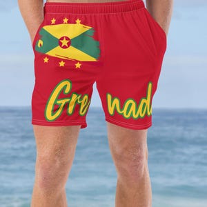 Kąpielówki z flagą Grenady – szorty plażowe z recyklingu z Karaibów dla mężczyzn, strój kąpielowy Grenadian Pride