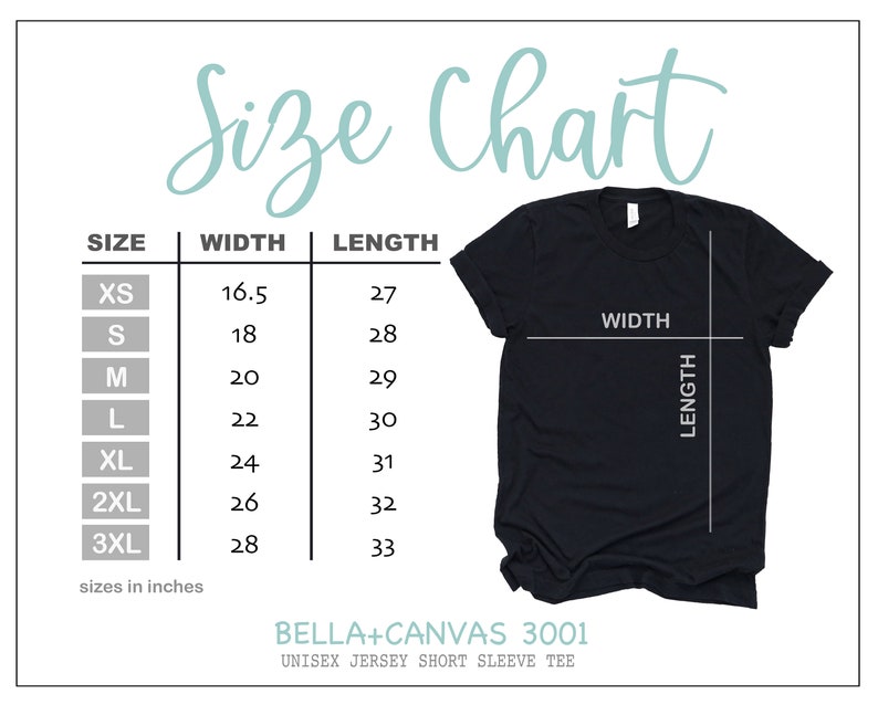K&ouml;nnte beinhalten: Gr&ouml;&szlig;entabelle f&uuml;r ein Unisex-Jersey-T-Shirt mit kurzen &Auml;rmeln, Bella + Canvas 3001. Die Tabelle zeigt die Breite und L&auml;nge in Zoll f&uuml;r die Gr&ouml;&szlig;en XS bis 3XL.