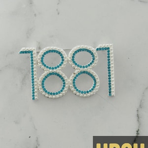 May include: A silver-toned brooch with the number 1881 in white and blue rhinestones. The number is outlined in white pearls.