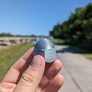 May include: A silver-colored acorn nut held in a hand. The nut has a rounded top and a hexagonal base. The background features a road, trees, and a bridge under a clear blue sky.