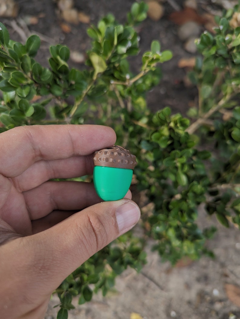 May include: A green and brown acorn shaped object.