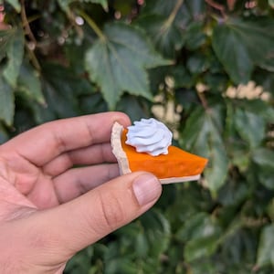 May include: A miniature pumpkin pie slice with a white whipped cream topping. The pie slice is held in a hand against a green leafy background.