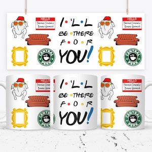 Puede incluir: Taza de cerámica blanca con temática de la serie de televisión Friends. La taza presenta un pavo, un sofá, un marco de fotos y el logotipo de Central Perk. El texto en la taza dice "I'll be there for you!"