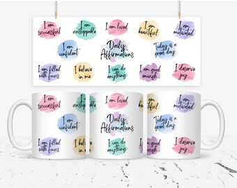 May include: White ceramic mug with a colourful watercolour design featuring daily affirmations such as "I am successful", "I am unstoppable", "I am loved", "I am beautiful", "I am motivated", "Today is a great day", "I am good enough", "I deserve joy", "I am confident", "I am filled with focus", "I believe in me", and "I can do anything".
