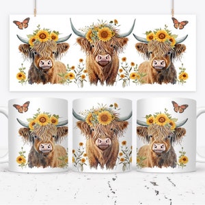 May include: White ceramic coffee mugs with a watercolor illustration of a Highland cow wearing a sunflower crown. The image also features a matching print and butterflies. The mugs are decorated with a brown and yellow color scheme.