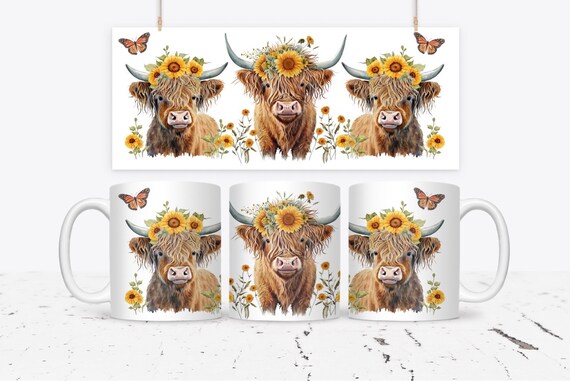 11oz Highland Cow Mug Wrap | Template | Mug Press | Cow Lover | Sublimation Design | Instant Download | PNG | Sunflowers | DIY | Digital