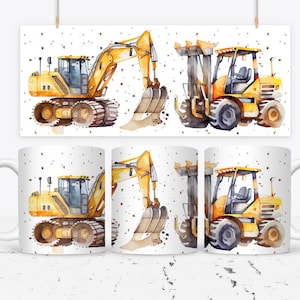 11oz Mug Wrap | Mug Press | Construction Vehicles | Watercolour | Instant Download | Sublimation | | Design | Mug Business | PNG
