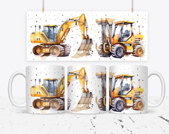 11oz Mug Wrap | Mug Press | Construction Vehicles | Watercolour | Instant Download | Sublimation | | Design | Mug Business | PNG