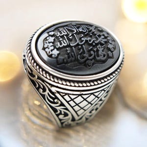 ARBIC ISLAMIC Hematite Hadid Sterling Silver 925 Man Ring Engraved Profession of Faith (shahada) for Muslim لا إله إلا الله محمد رسول الله