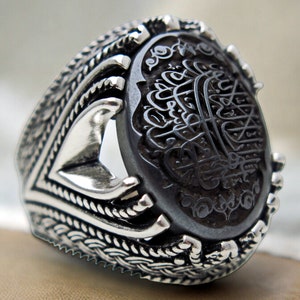 Hadid Hematite Silver 925 Man Ring  إله إلا الله Handmade Silver Islamic Ring with Arabic Calligraphy Unique Muslim Jewelry   Religious Gift