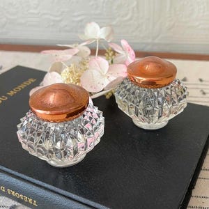 May include: Two clear glass inkwells with a faceted diamond-cut pattern and rounded copper-colored metal lids. The inkwells are positioned on a black book with the visible text "TRESORS DU MONDE" printed in gold on the cover.