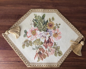 Vintage tapestry centerpiece, centerpiece made in Belgium, floral pattern fabric centerpiece