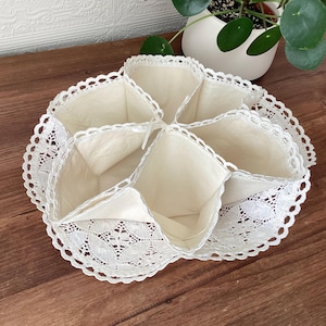 May include: A cream-coloured, multi-compartment organiser with a scalloped lace trim. The interior compartments are lined with a light fabric. The organiser is designed to hold small items and is placed on a wooden surface.