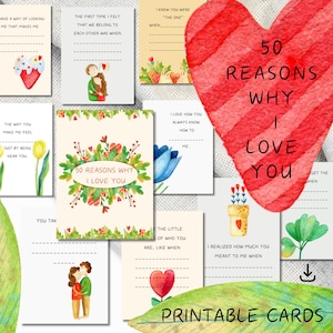 Tarjetas imprimibles con 50 razones por las que te amo - Tarjetas de amor para completar - Regalos de aniversario - Día de San Valentín - Tarjetas de pareja - Mensajes de amor