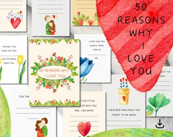 50 Gründe, warum ich dich liebe druckbare Karten - Fill-in-the-Blank-Liebeskarten - Jahrestagsgeschenk - Valentinstag - Paarkarten - Liebesbotschaften