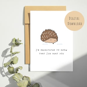 Désolé carte mignon hérisson - carte imprimable d'excuses sincères - cadeau désolé - carte de voeux imprimable téléchargement immédiat