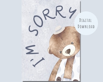 Afdrukbare schattige teddybeer Sorry Card - Digitale verontschuldigingkaart - Het spijt me Card Instant Download