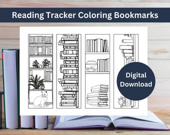 May include: Black and white line art bookmarks with bookshelf designs, a cat, and a fishbowl. The text "Reading Tracker Coloring Bookmarks" and "Digital Download" are displayed. The bookmarks are on a wooden surface with books.