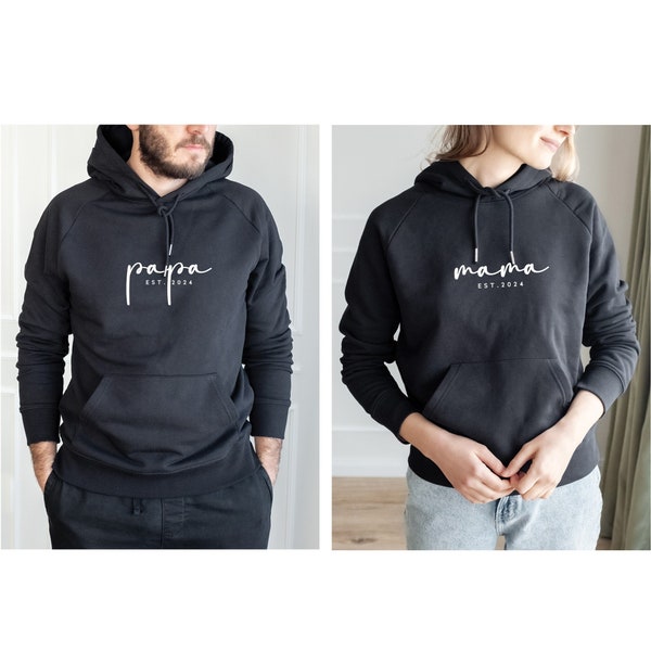 Personalised Papa & Mama Matching Hoodie, Sweater mit Geburtsjahr, Geschenk Geburt, Gift for new parents, Pregnancy reveal, Bio Baumwolle