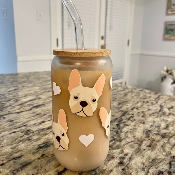 FRENCH BULLDOG CUP, Custom French Bulldog Cup, French Bulldog Glass, 16oz Glass with Bamboo Lid and Glass Straw, Frenchie Coffee Cup, Cream