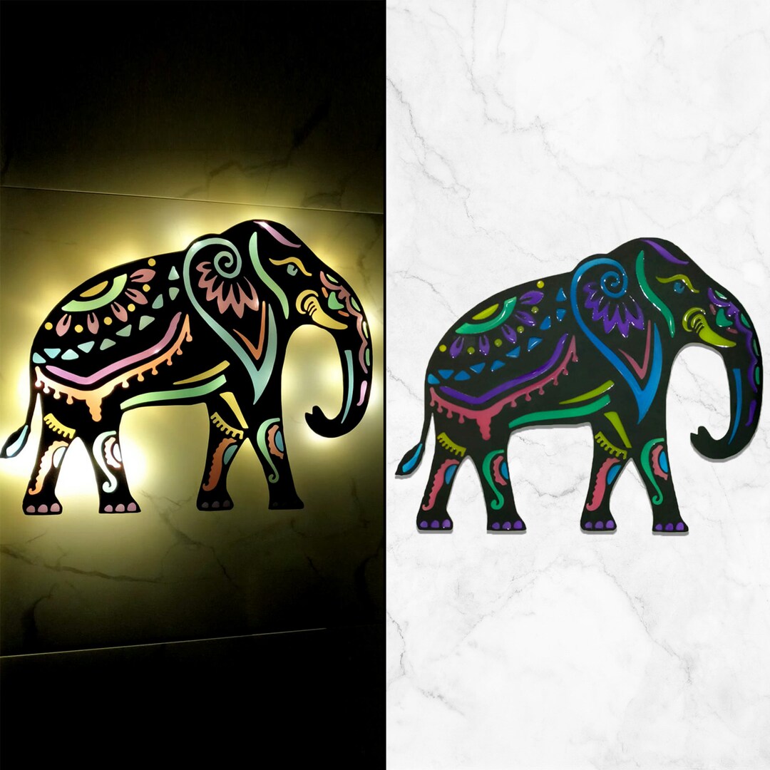 Wooden Elephant Wall Art With LED Lights, Decor, Elephant Art, Mandala