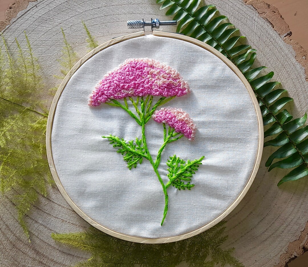 Pink Yarrow Flowers Embroidered Hoop, Botanical Embroidery Hoop