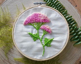 Pink Yarrow Flowers Embroidered Hoop, Botanical Embroidery Hoop, Embroidery Art, Wall Hanging Decor, Home Gift