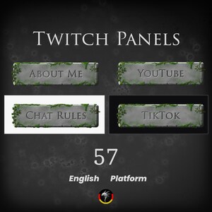 May include: Four gray stone buttons with green vines growing on them. The buttons are labeled "About Me", "YouTube", "Chat Rules", and "TikTok". The buttons are for a Twitch channel.