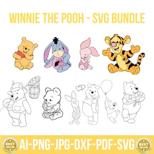 Winnie The Pooh SVG Bundle, Cute Disney Bear Clipart, Eeyore Piglet Tigger SVG, Hundred Acre Wood Cricut Files, Printable Vector Design