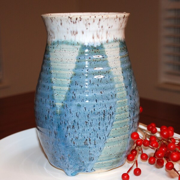 This lovely blue-turquoise handmade ceramic flower vase is medium tall,water proof, a home decor accent, a wedding gift, stoneware pottery.