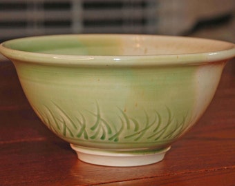 Handmade, green and white ceramic bowl, wheel thrown stoneware pottery with carving