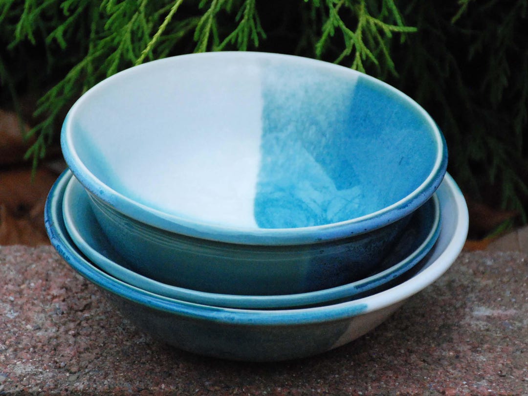 Handmade Blue and White Stoneware Bowls. Wheel Thrown Glazed Pottery ...