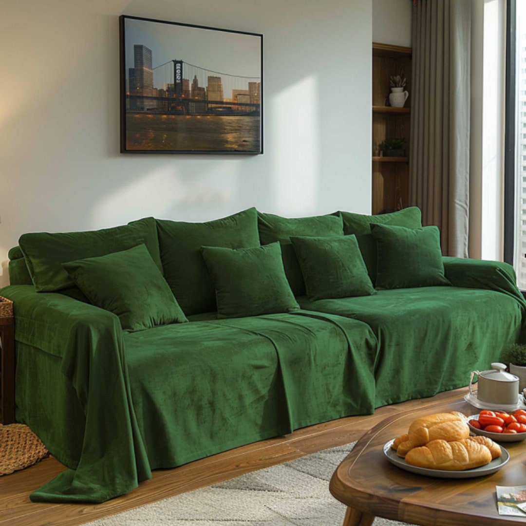 Green Velvet Sofa Cover, Plush Couch Slipcover,custom Size, Living Room ...
