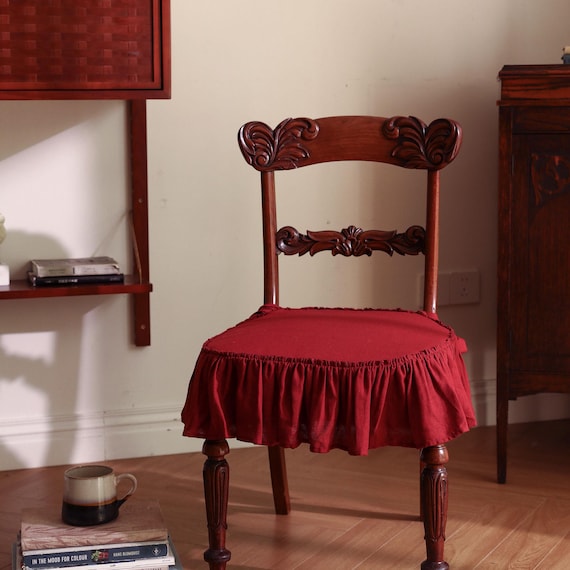 Red Linen Ruffled Chair Seat Cover With Ties, Farmhouse Chair