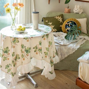 French Country Style Waterproof Linen Tablecloth with Ruffle, Handmade Floral Pattern Table Cover, Custom Size, Housewarming Gift